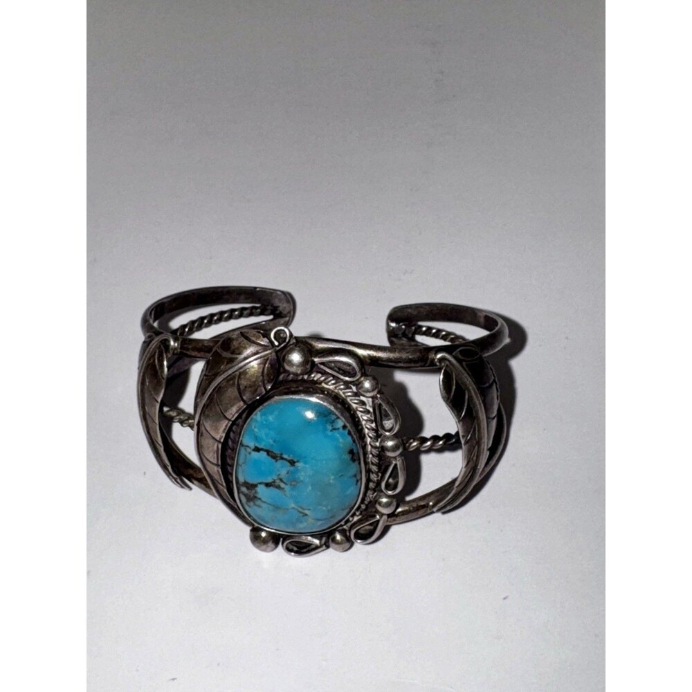 Vintage NAVAJO Signed L-R Jake STERLING 925 Cuff/Bracelet TURQUOISE BANGLE Nice!